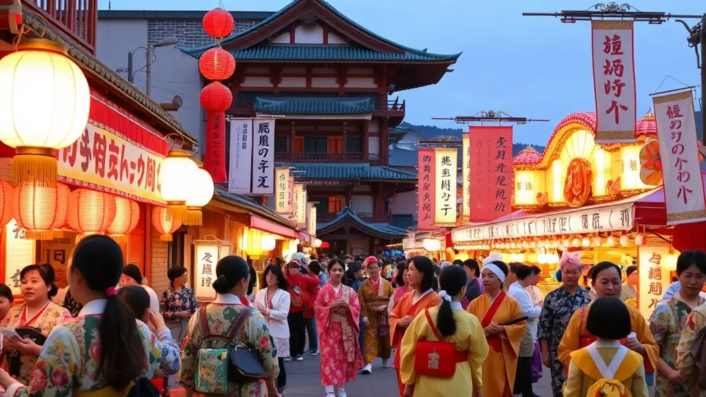 A vibrant image showcasing a Japanese cultural festival with traditional performers, modern cosplay, and interactive activities, emphasizing connection and cultural celebration.