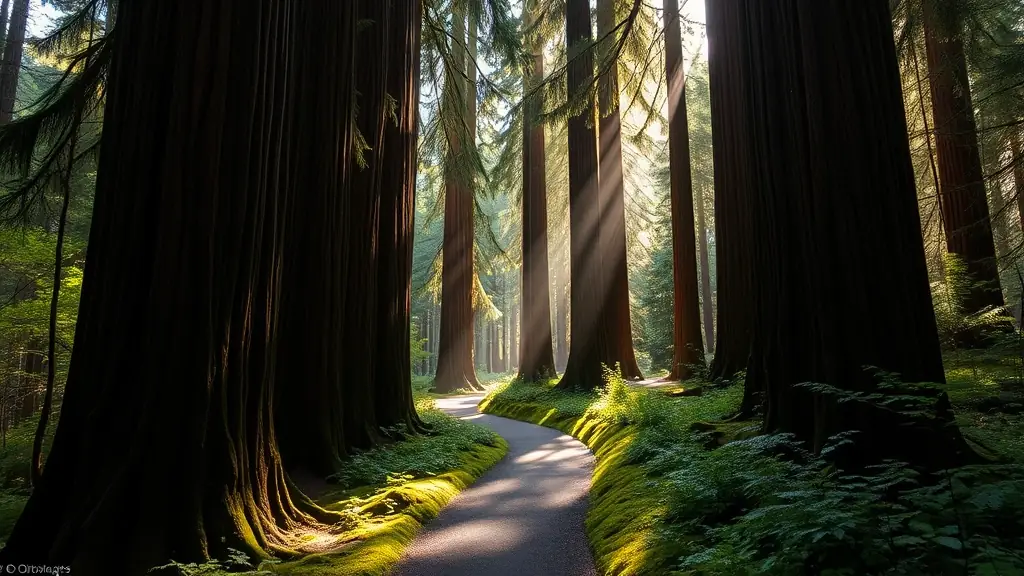 a peaceful redwood forest path with natural light filtering through tall trees, evoking a sense of calm, approachability, and connection to nature