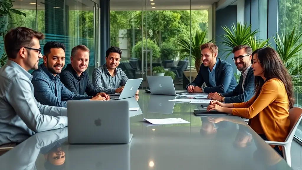 Diverse professionals collaborating, networking, or working together in a modern office environment, showcasing teamwork and inclusivity.