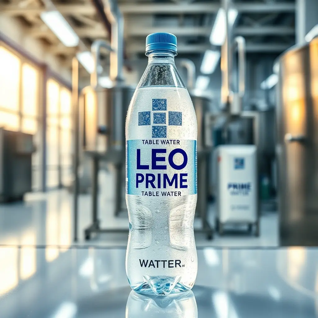A close-up shot of a bottle of LEO PRIME TABLE WATER, condensation visible, with a blurred background of a modern, clean production facility.