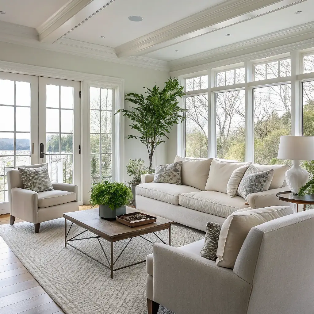 A bright and airy living room, freshly cleaned, with sunlight streaming through the windows, showcasing the cleanliness and inviting atmosphere.