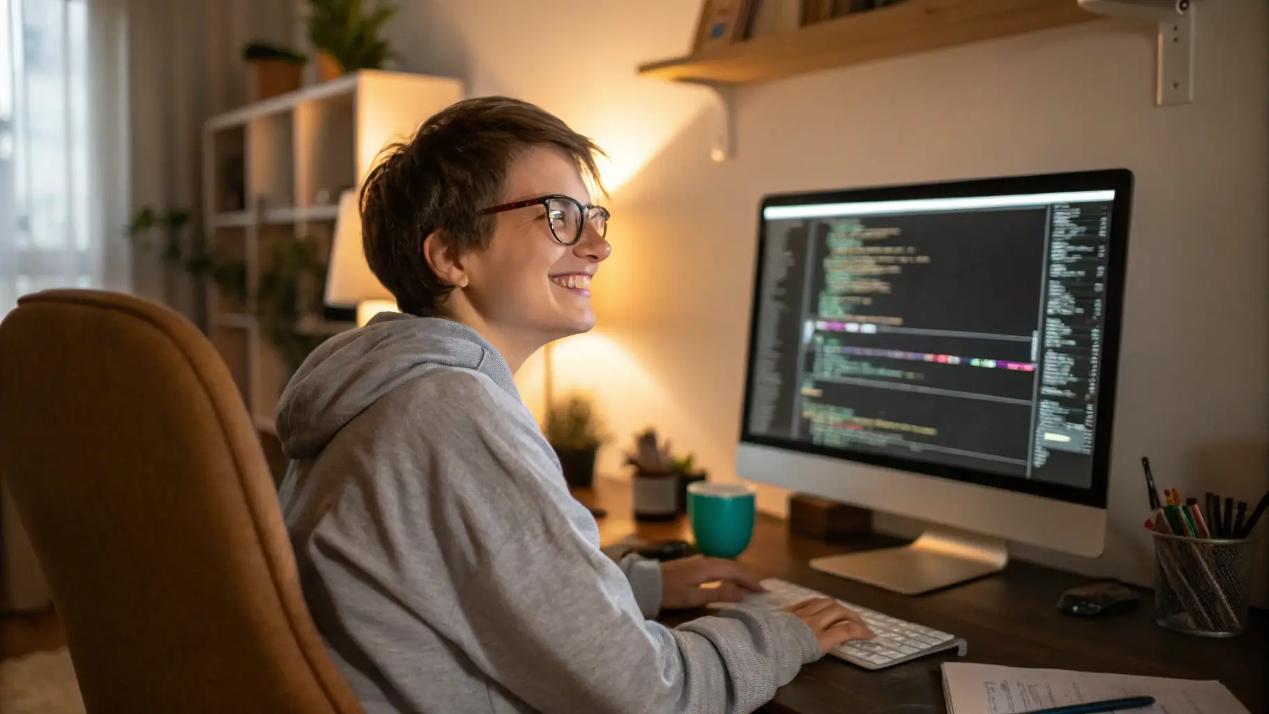 A person looking at a screen filled with AI code and data visualizations, symbolizing the exploration of AI insights.
