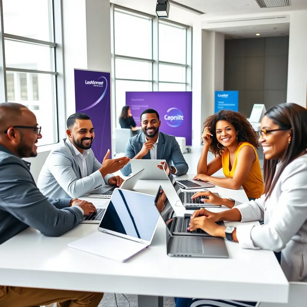 A diverse group of tech executives engaged in a lively discussion at a TechGrowth Leaders event, showcasing collaboration and knowledge sharing.