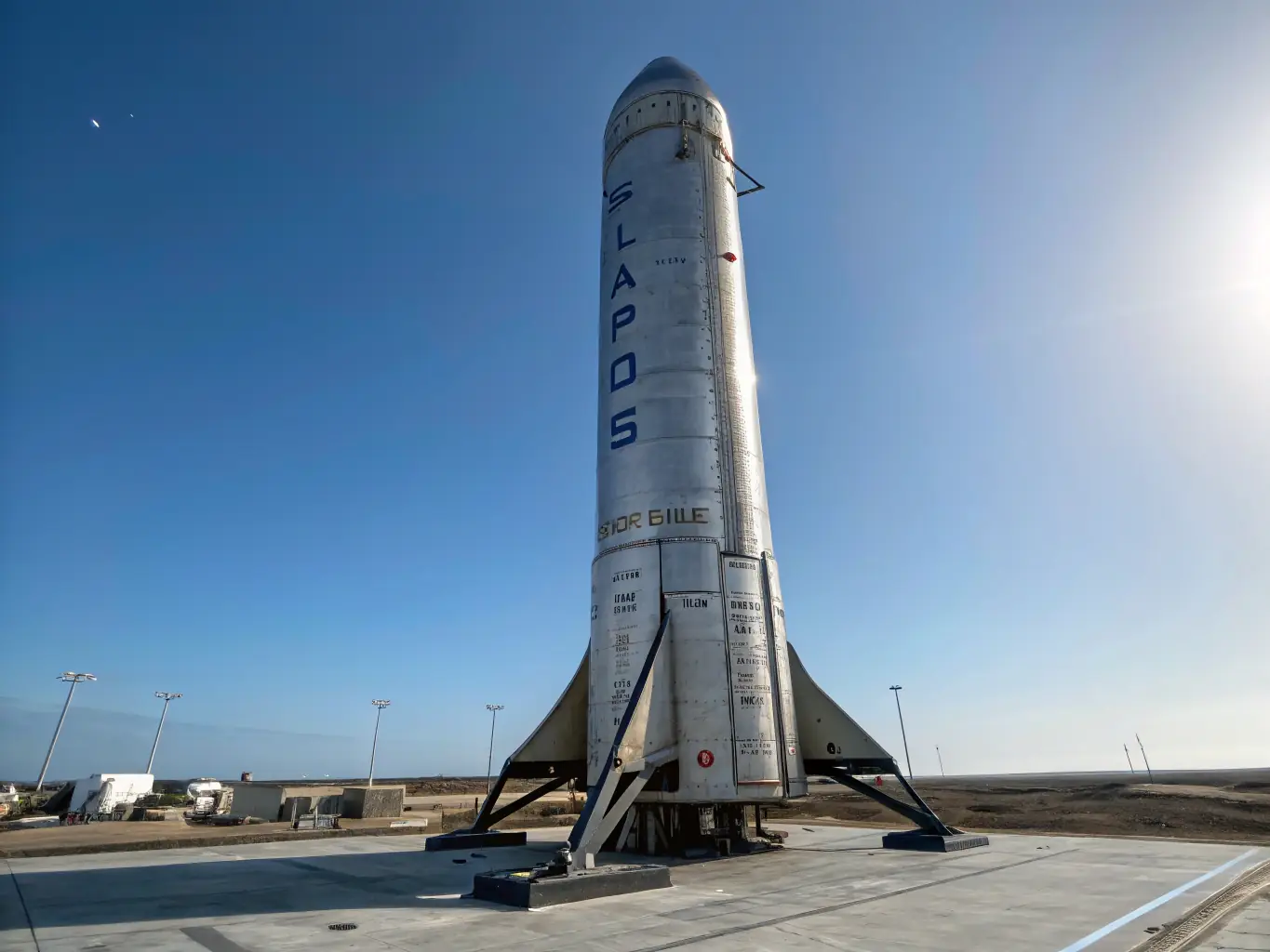 A rocket on the pad at SpaceX Starbase near South Padre Island, Texas, with an X-wing fighter nearby, symbolizing OmegaQube's forward-thinking approach to SEO and digital marketing.