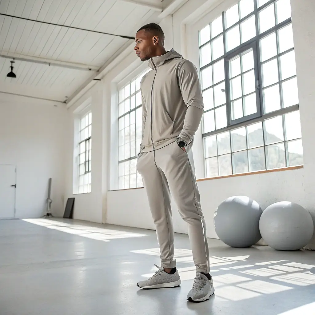 A man wearing a Miami Active men's luxury tracksuit set in graphite grey, showcasing the streamlined athletic cut and modern fit.