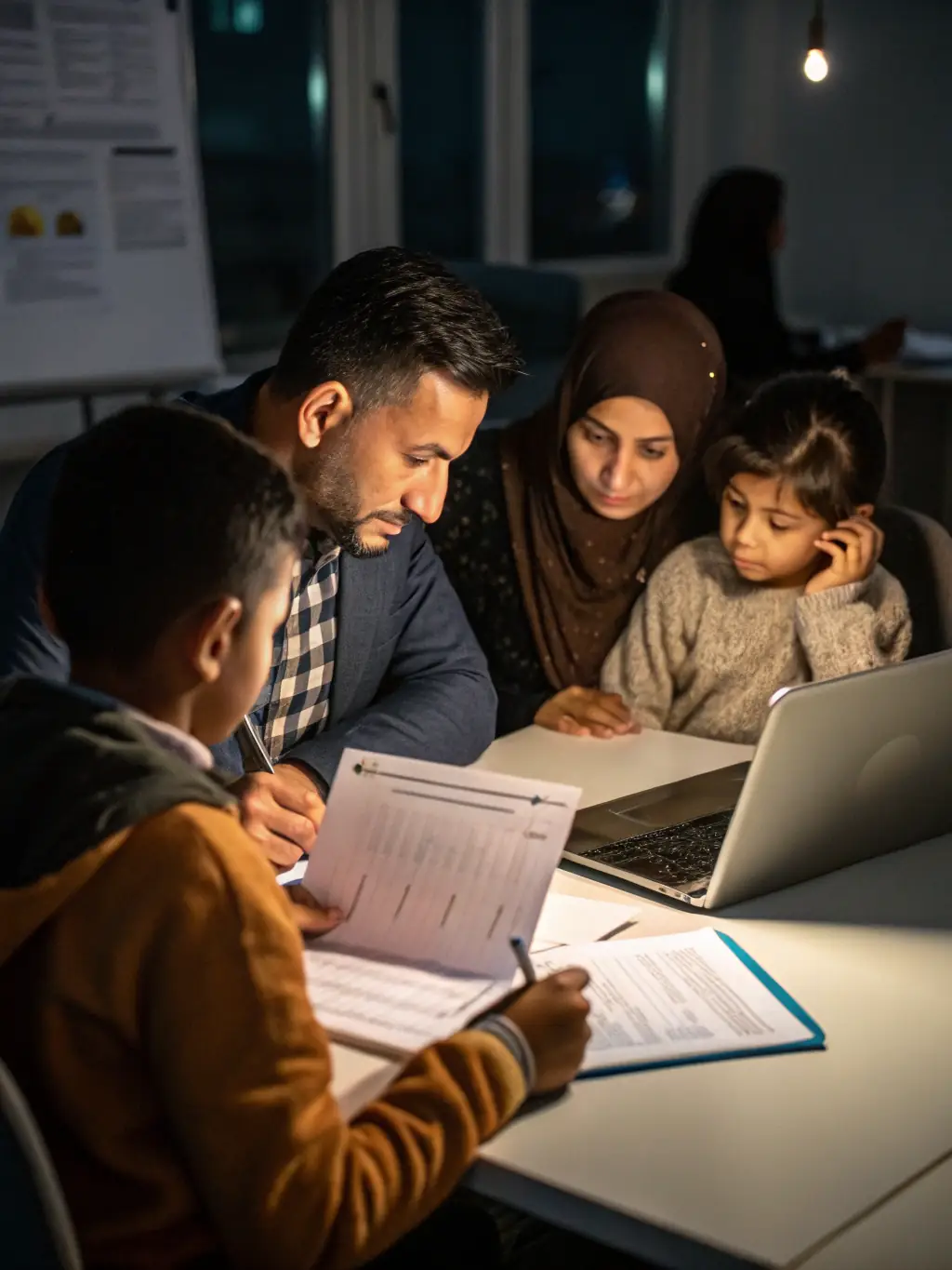 A Mexican family discussing medical records with a Trustpoint attorney, emphasizing the importance of cultural understanding in gathering medical evidence.
