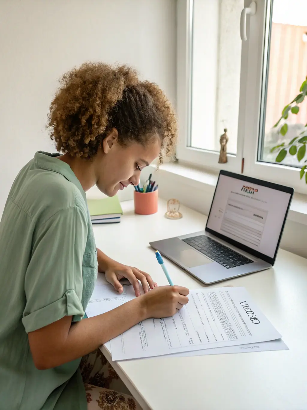 A Trustpoint legal expert meticulously completing a Social Security disability application form, ensuring all details are accurate and culturally relevant.