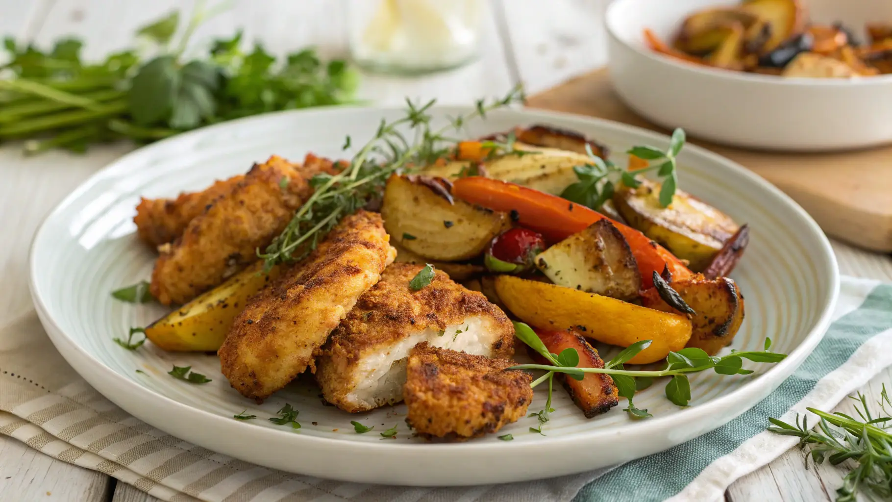 A vibrant cauliflower rice bowl with colorful vegetables and a crispy air-fried protein on top, photographed in a bright, inviting kitchen setting.