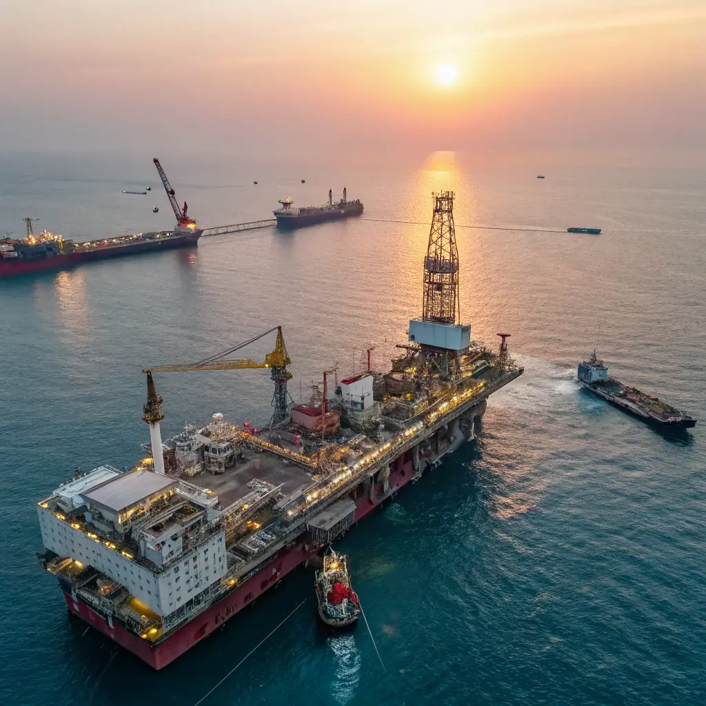 A modern oil rig operating in Kazakhstan, with a focus on advanced technology and environmental sustainability. The image should convey efficiency and responsible resource management.