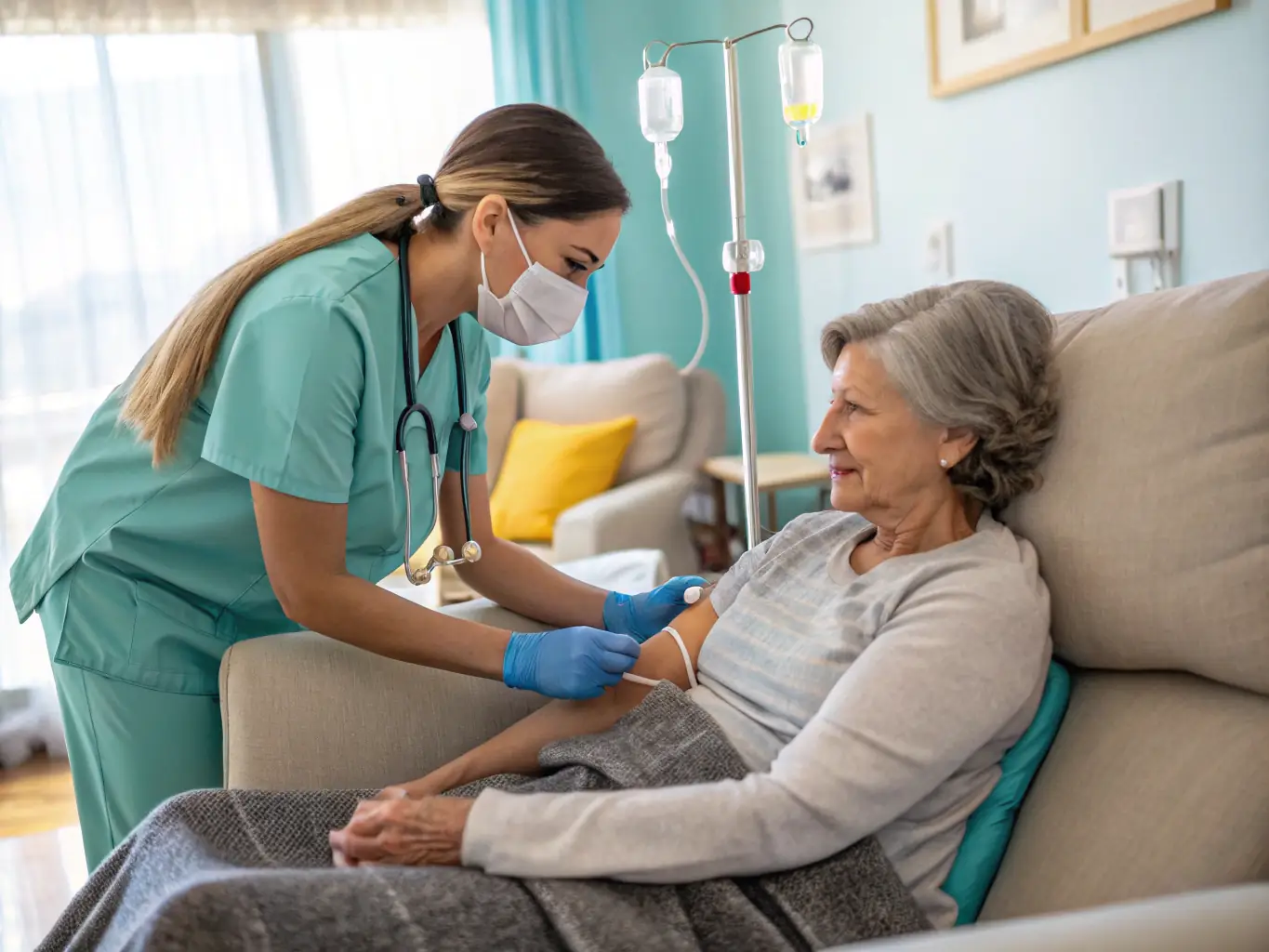 A calming image of an infusion chair setup in a serene room with soft lighting.
