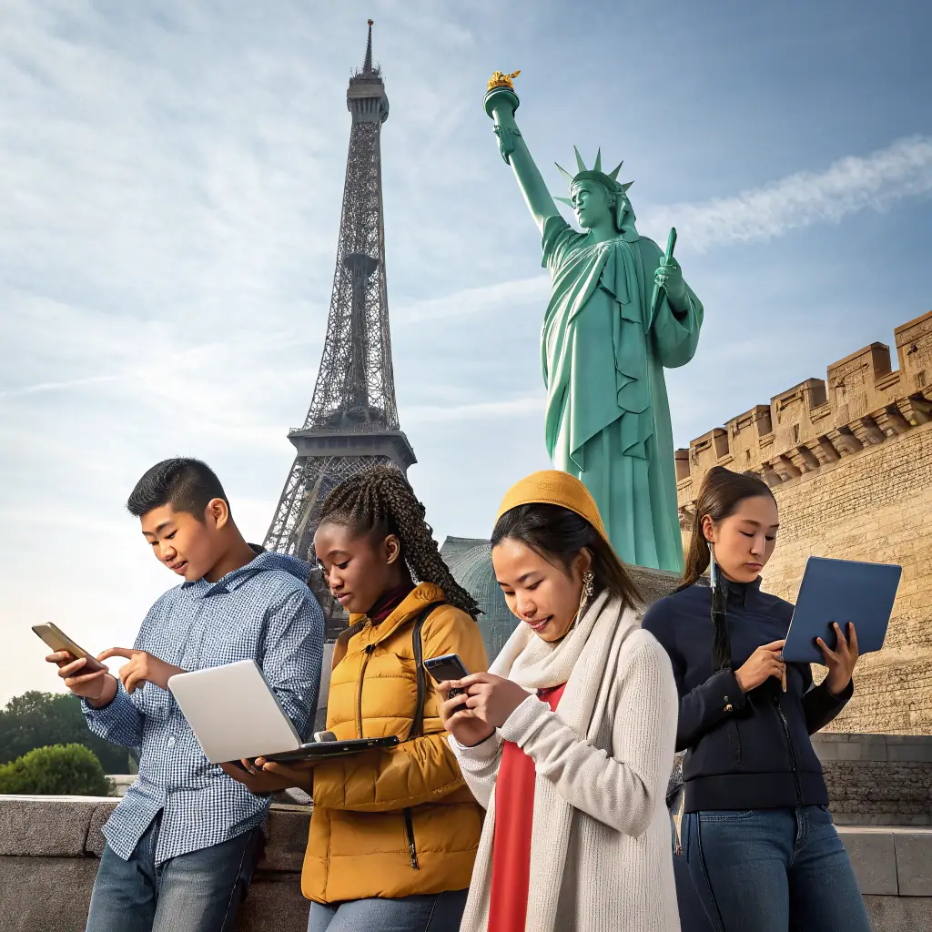 A vibrant photograph of a diverse group of travelers using their smartphones in various iconic locations around the world, such as the Eiffel Tower, the Great Wall of China, and the beaches of Bali.