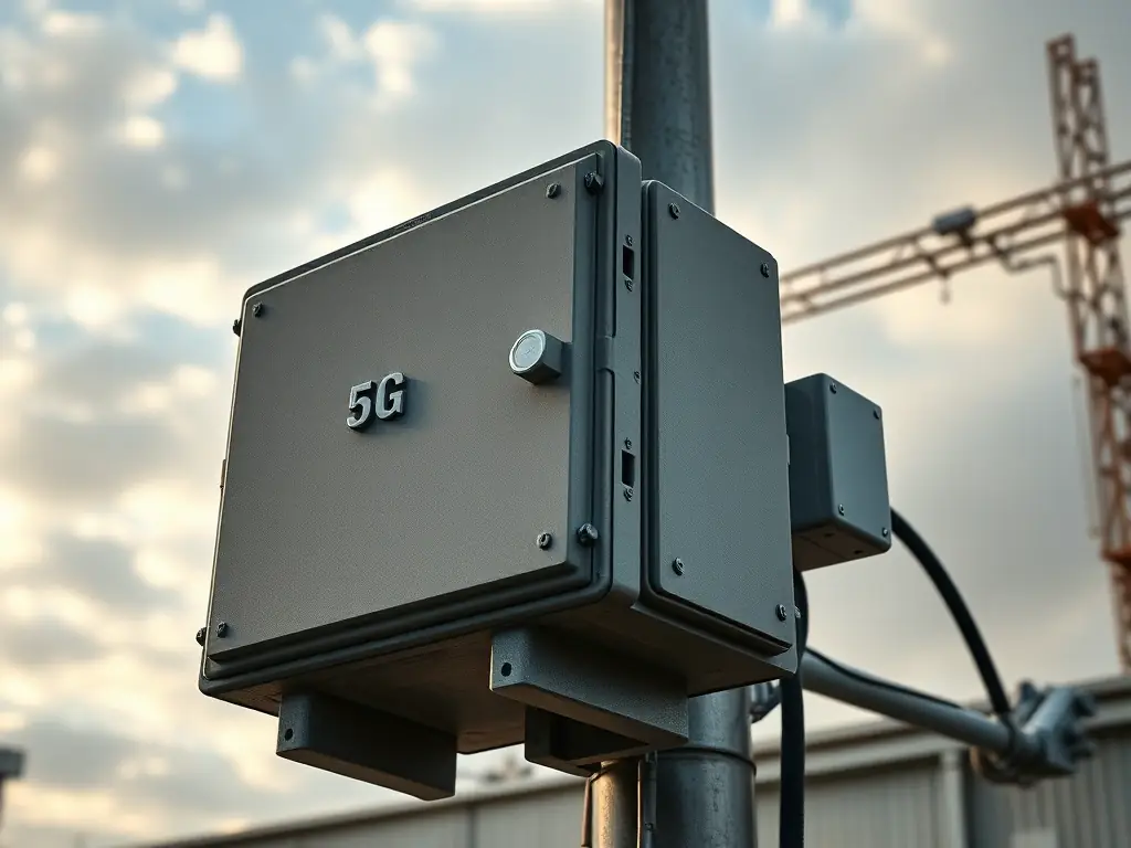 A rugged outdoor 5G ODU unit mounted on a pole or wall, showcasing its durable design in an outdoor environment.