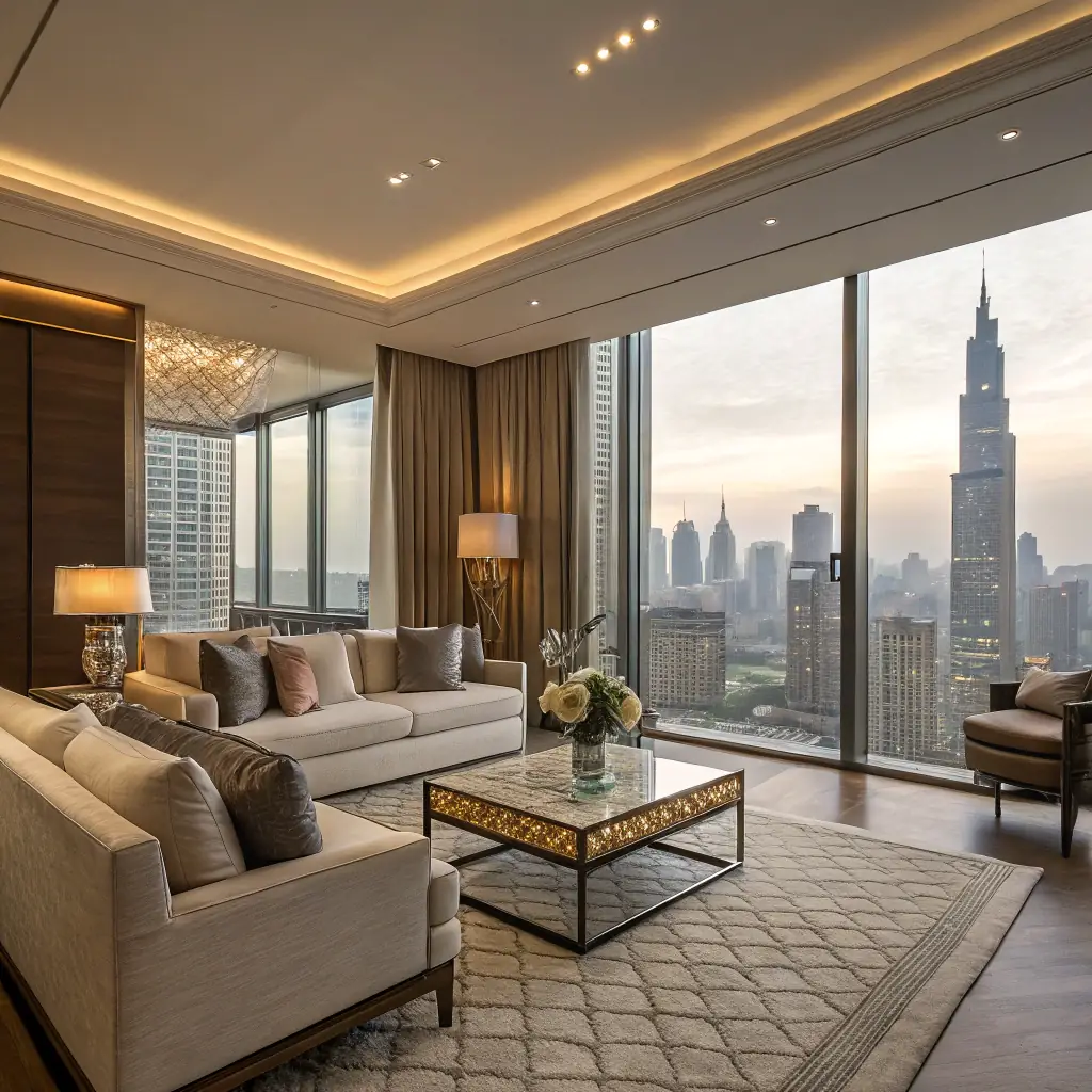A modern, luxurious apartment interior with large windows showcasing a vibrant cityscape at sunset, symbolizing real estate investment opportunities.