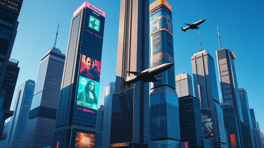 A futuristic cityscape with flying vehicles and holographic displays, representing the potential of AI in urban development.