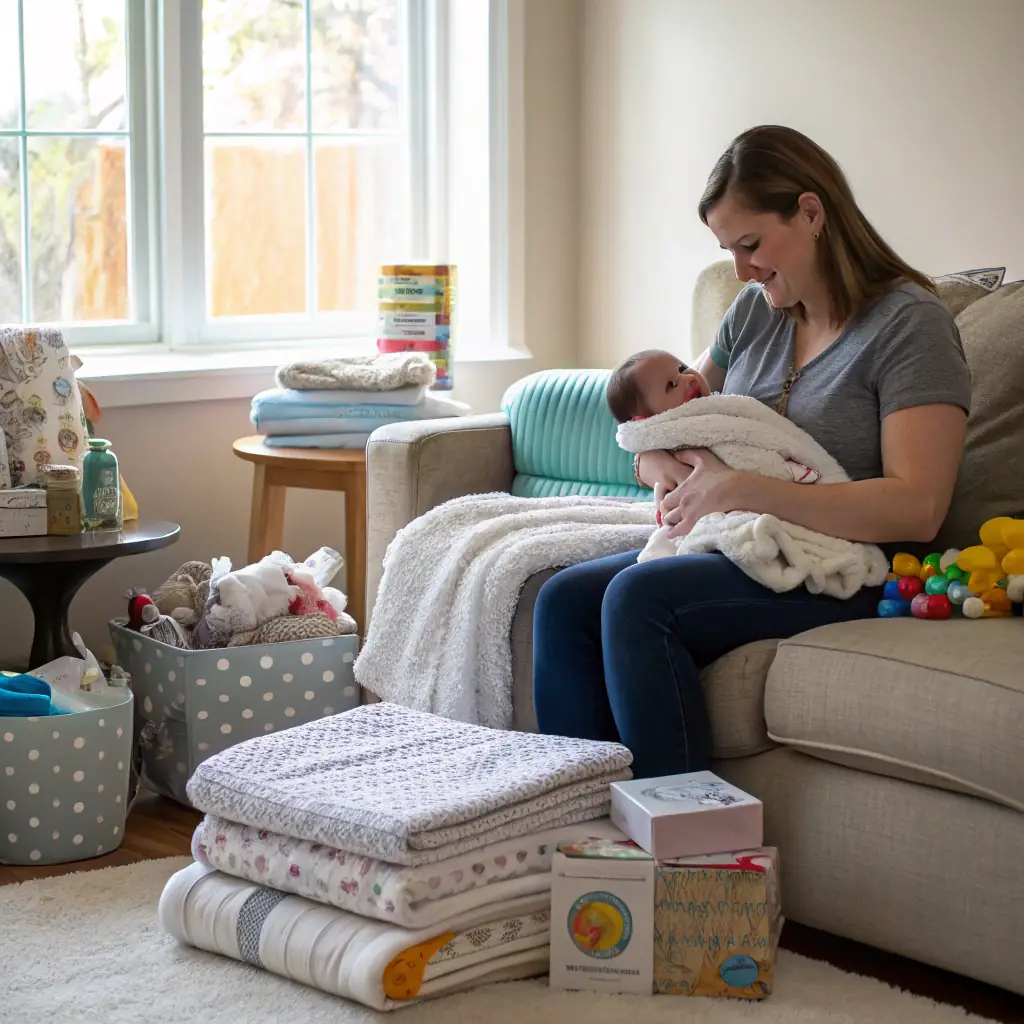 A caring midwife gently holding a newborn baby in a cozy home setting, with soft, natural light filtering through the window, emphasizing the warmth and safety of at-home care.