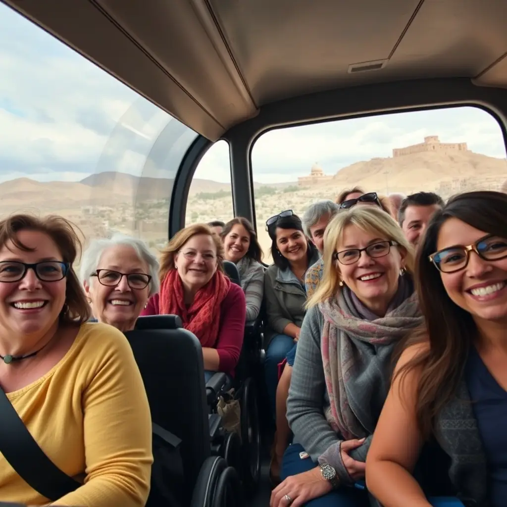 A diverse group of tourists with varying disabilities enjoying a guided tour of the Old City of Jerusalem, with adapted transportation visible in the background. The scene should convey inclusivity and accessibility.