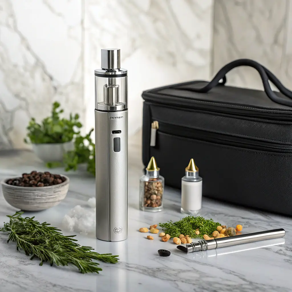 Close-up shot of the Puffco Peak Pro 3DXL with vapor gently swirling around it, set against a blurred background of a modern cannabis dispensary. The lighting should highlight the device's sleek design and advanced features, conveying a sense of innovation and sophistication.