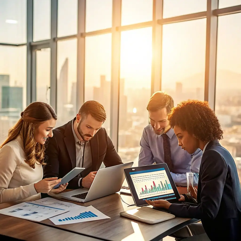 A team of travel tech professionals looking stressed and overwhelmed in a meeting, surrounded by screens displaying confusing data and marketing materials. The scene should convey a sense of urgency and the need for a clear, structured approach.