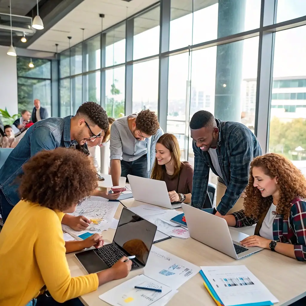A diverse team of government employees collaborating on a project in a modern, well-lit office. The atmosphere is productive and focused, reflecting the agility and efficiency that ConfiTrek brings to local government agencies.