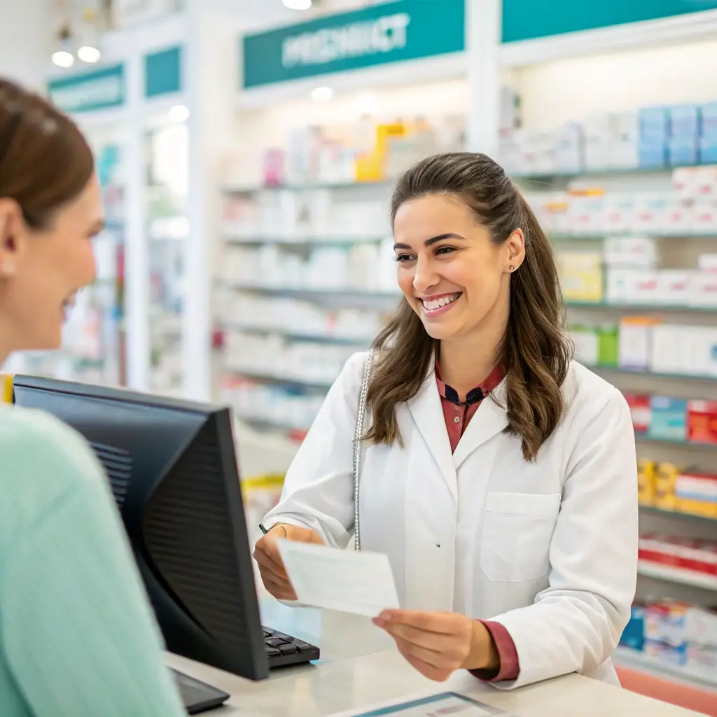 A friendly pharmacist or nurse in a bright, modern pharmacy setting, engaged in a supportive conversation with a patient. The patient looks comfortable and reassured, emphasizing the personalized care provided by Althea Specialty Pharmacy.