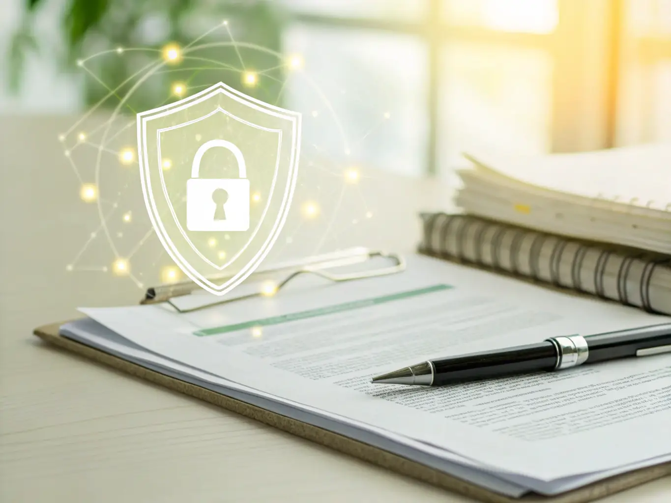 An image depicting a stack of legal documents secured with a ribbon, representing the security and protection offered by Trustpoint's secured transaction documentation services.