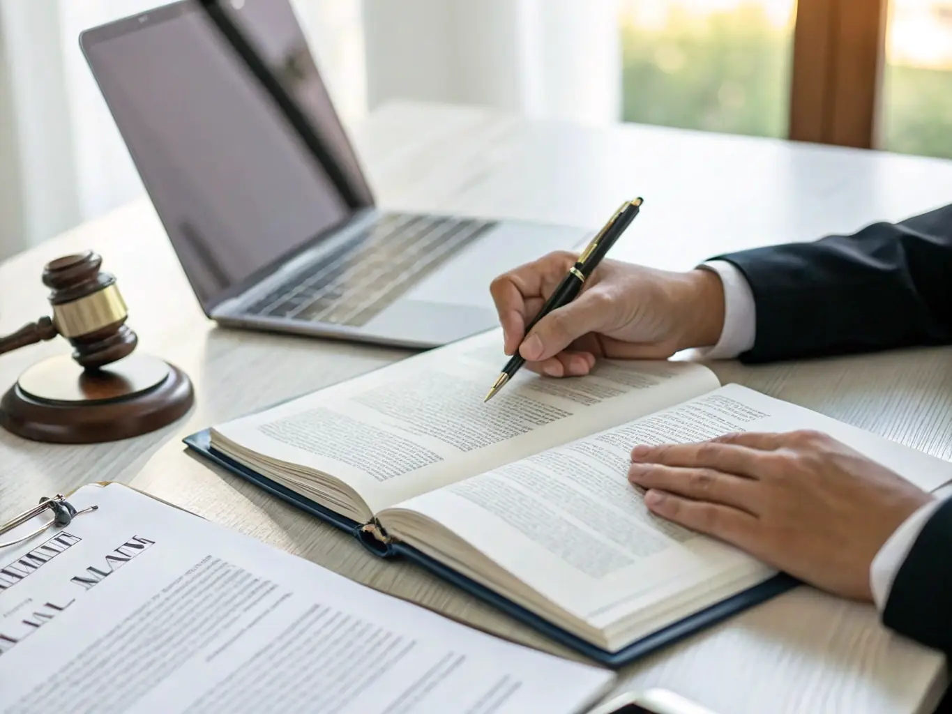 A close-up shot of a lawyer's hands carefully reviewing a detailed loan agreement document, with a blurred background of a professional office setting, symbolizing thorough legal review and attention to detail.