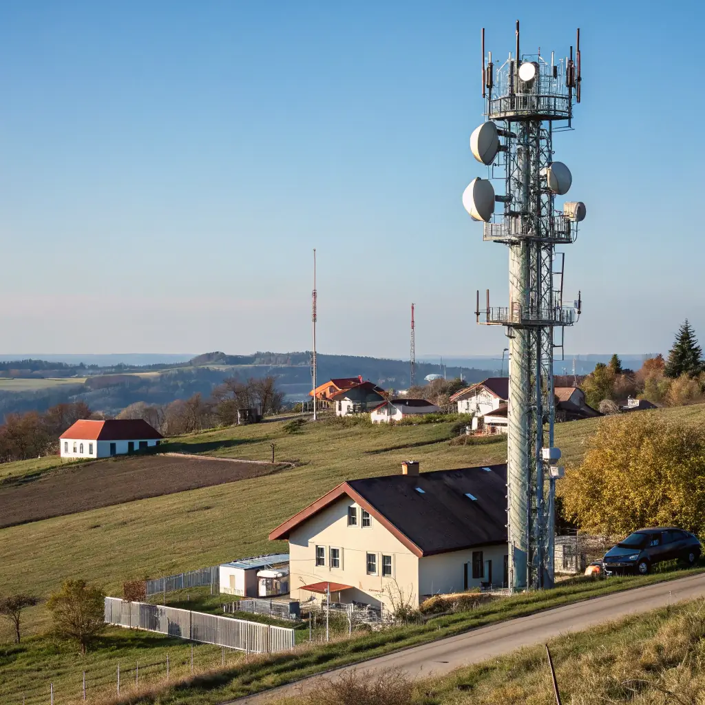 A scenic view of a rural Minnesota landscape with a modern home in the foreground, subtly indicating a satellite dish or wireless internet antenna on the roof, symbolizing reliable internet connectivity in rural areas. The sky is clear, suggesting a bright future with Home Town Internet MN.