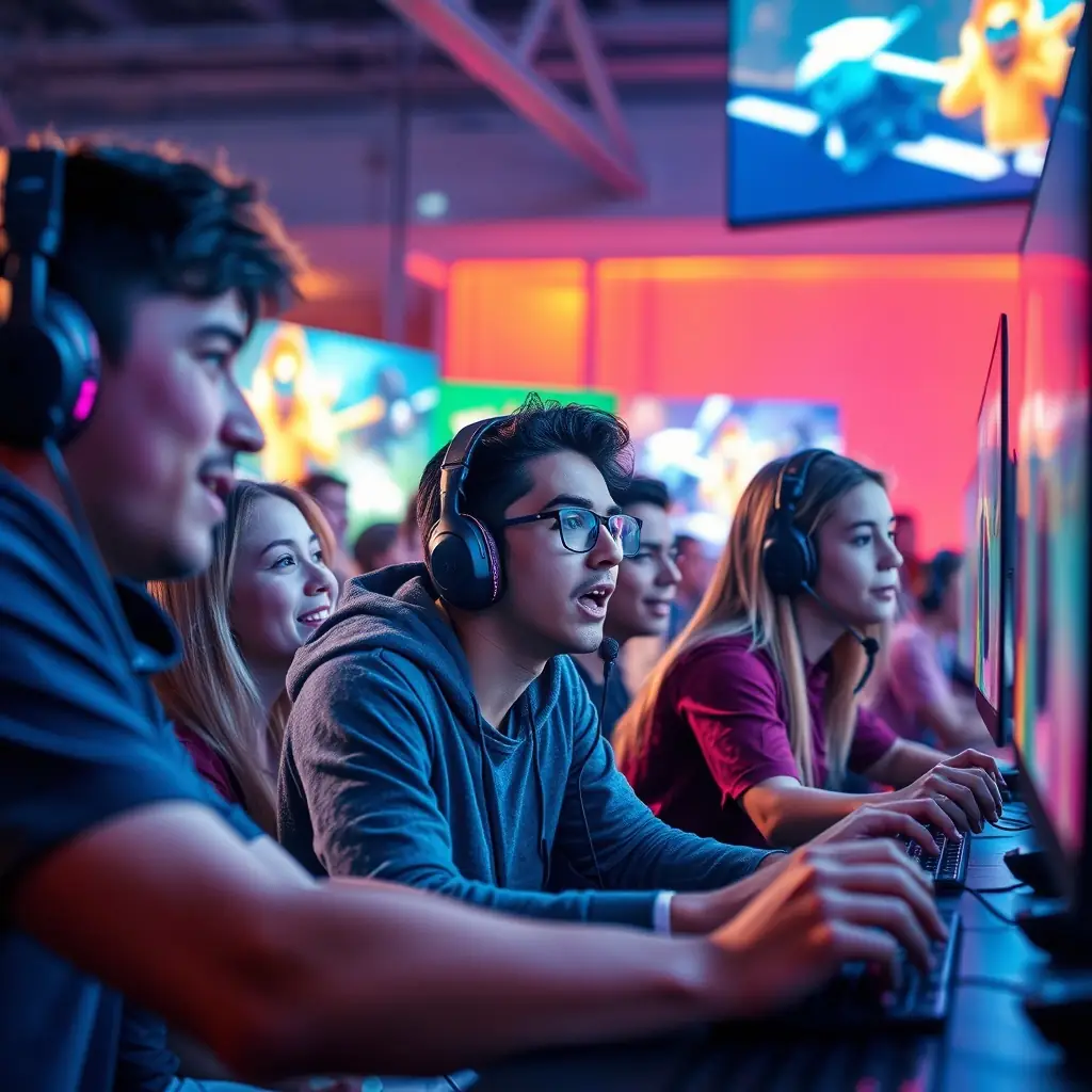A vibrant and dynamic image showcasing a diverse group of gamers enthusiastically participating in a gaming event, with bright lights and energetic atmosphere, reflecting the excitement of power-play.be's gaming community.