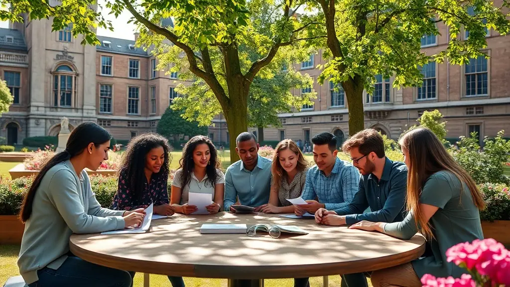 Students of diverse backgrounds collaborating on a university campus in the UK, surrounded by historic buildings and greenery.