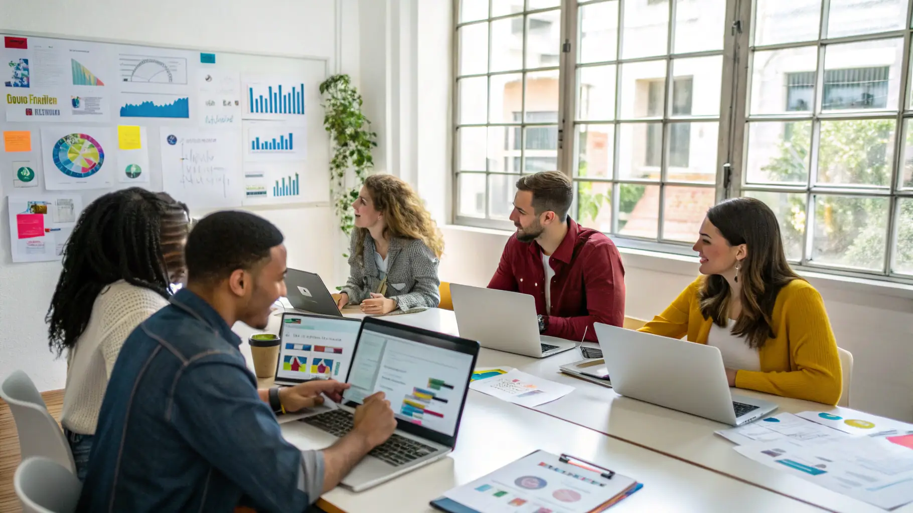 A professional team collaborating on digital marketing strategies, with visual elements representing creativity, data-driven results, and client success stories.