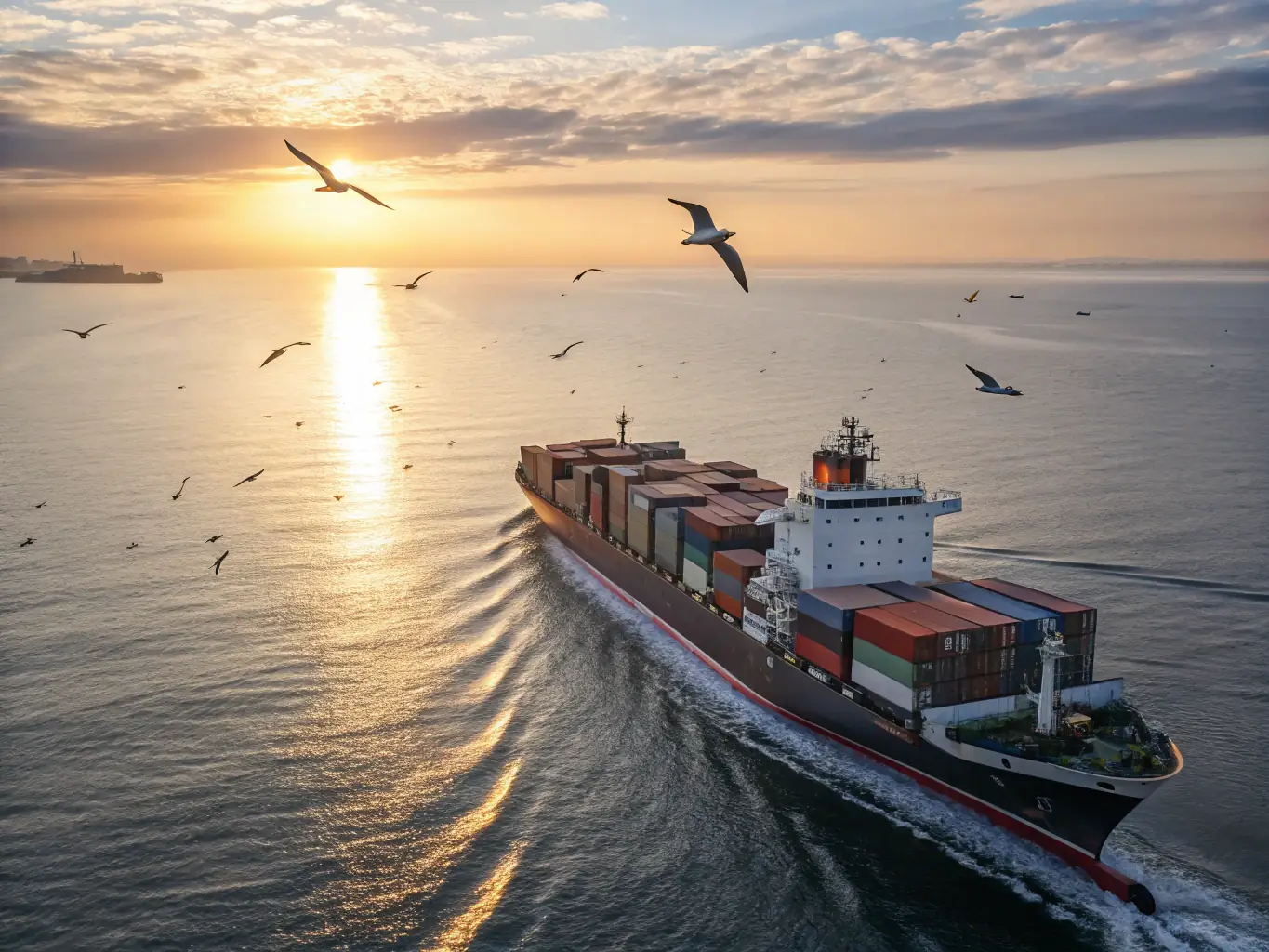 A digital painting of a modern cargo ship sailing on a calm sea at sunset, with containers neatly stacked on its deck. The scene emphasizes efficiency and global trade.