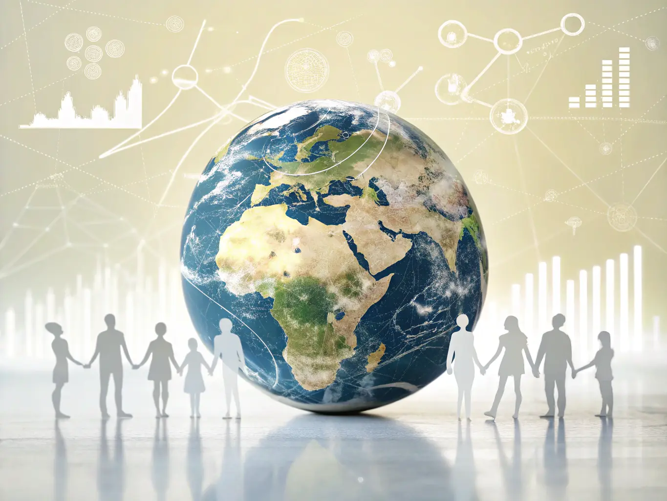 A digital illustration of a diverse group of people collaborating around a digital globe, representing cargo companies and charterers working together seamlessly.