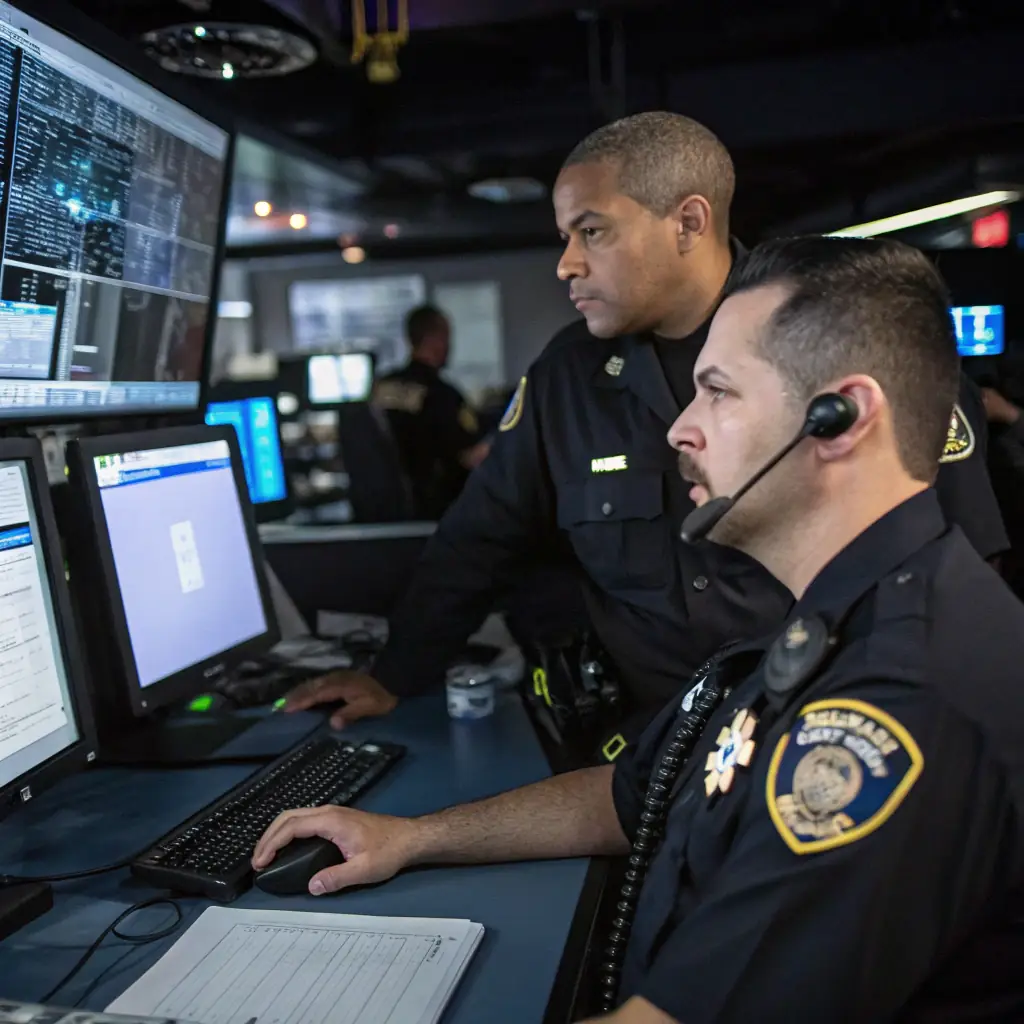 A diverse group of law enforcement officers from different agencies collaborating in a modern, secure command center, emphasizing data sharing and real-time coordination. The scene should convey trust, security, and efficiency.