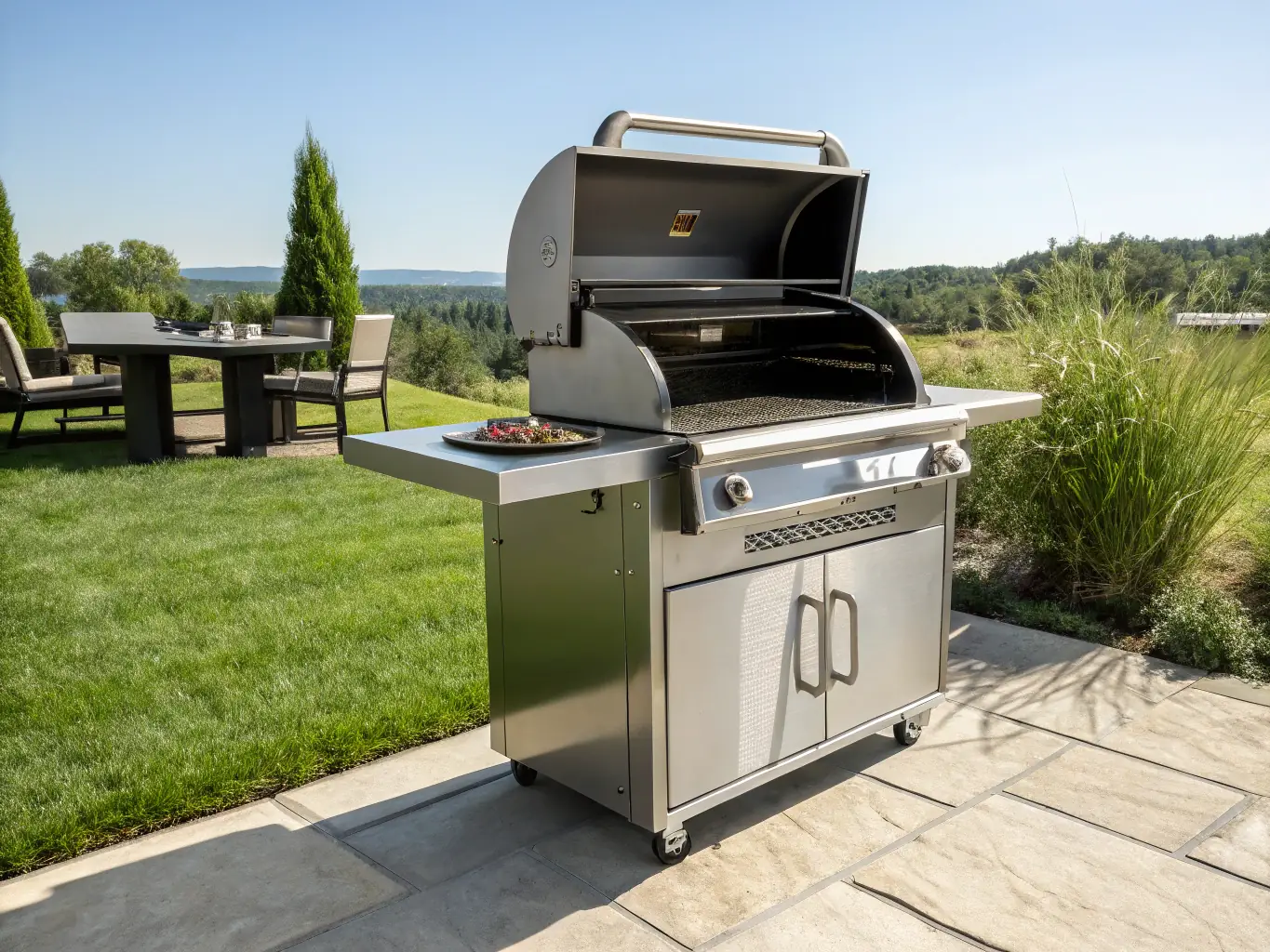 A clean grill with shiny grates, ready for cooking. The grill is outdoors on a patio.