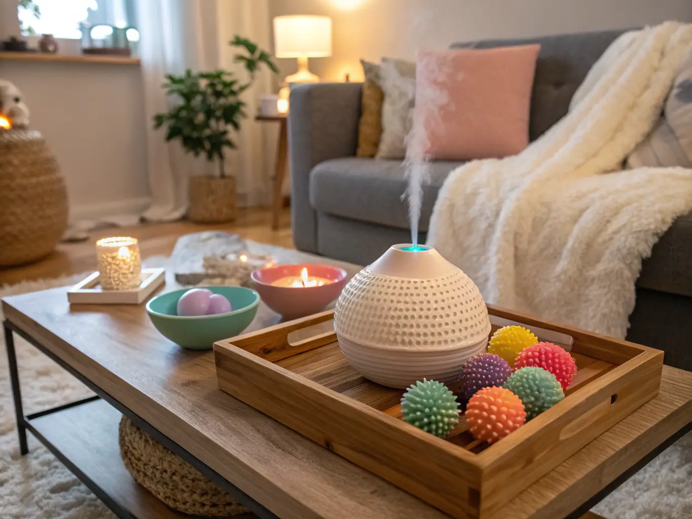 A wax melt warmer sits on a wooden table in a cozy living room. Soft, warm light fills the room, highlighting the subtle gold accents of the warmer. The wax melt is emitting a gentle fragrance, creating a relaxing atmosphere.