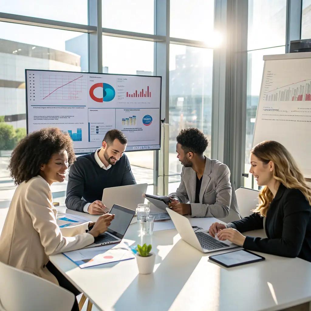 A diverse team of professionals collaborating in a modern office space, brainstorming ideas and strategies for leadership development, reflecting the blend of military precision and corporate innovation.