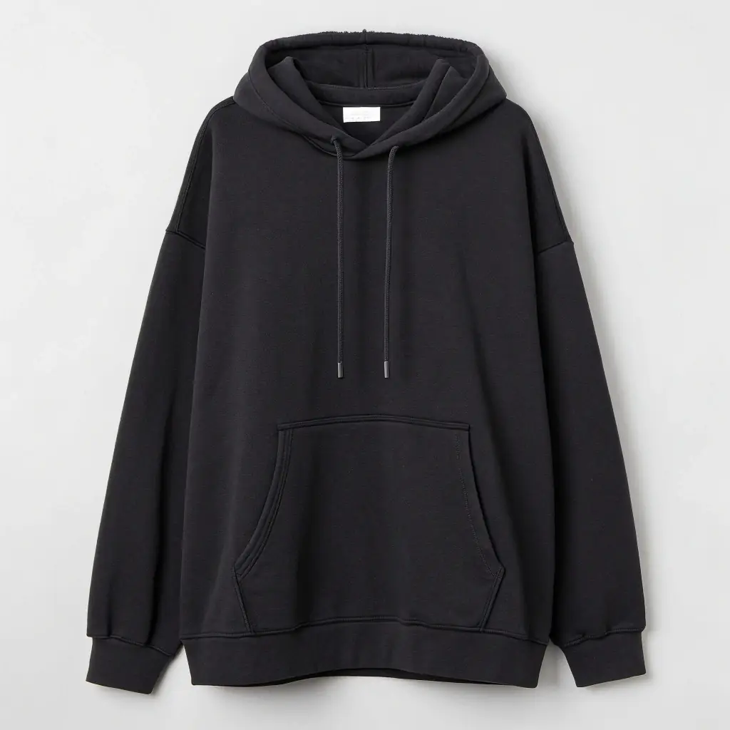 A unisex signature hoodie in charcoal black color, showcasing its oversized fit and embossed gold logo on the chest.