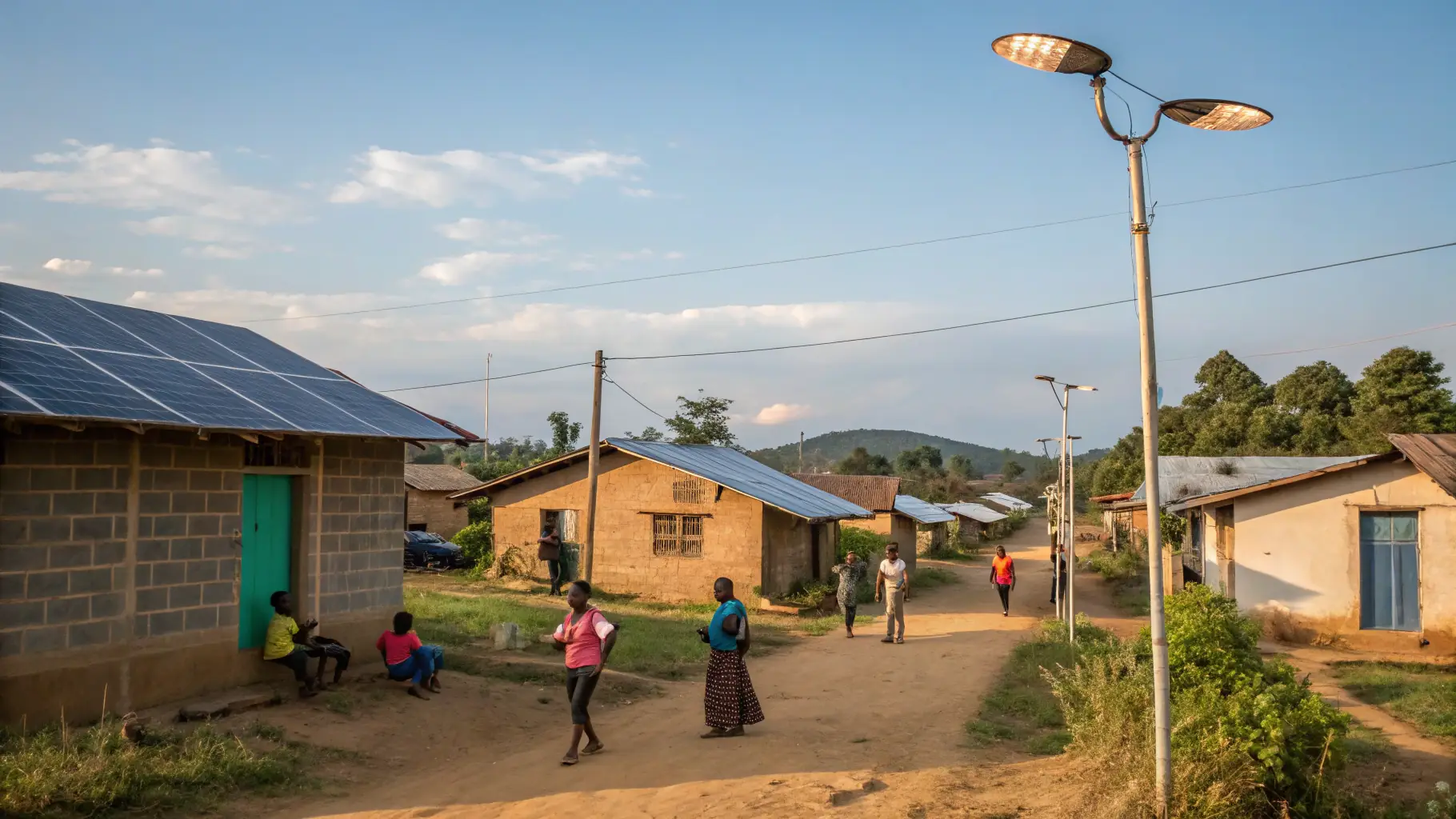 A high-resolution image of CELINTECH's solar lighting and off-grid power products in an outdoor industrial or municipal setting, showcasing their advanced technology and deployment scale.