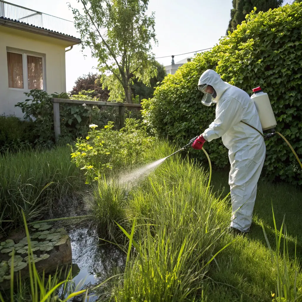 A Pestigo technician spraying mosquito control solution in a residential backyard in Dallas, focusing on areas with standing water and lush vegetation. The image should convey professionalism and effectiveness.