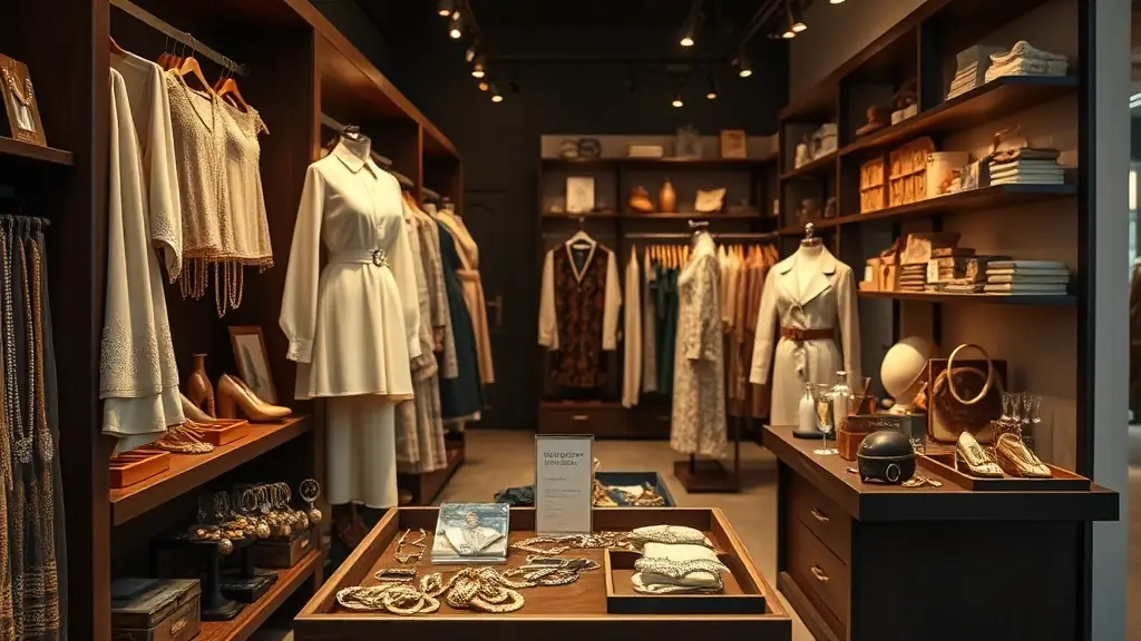 A brightly lit, open area within a thrift store, showcasing a curated selection of high-end clothing and accessories. The atmosphere is upscale and inviting, with unique displays and a sense of discovery.