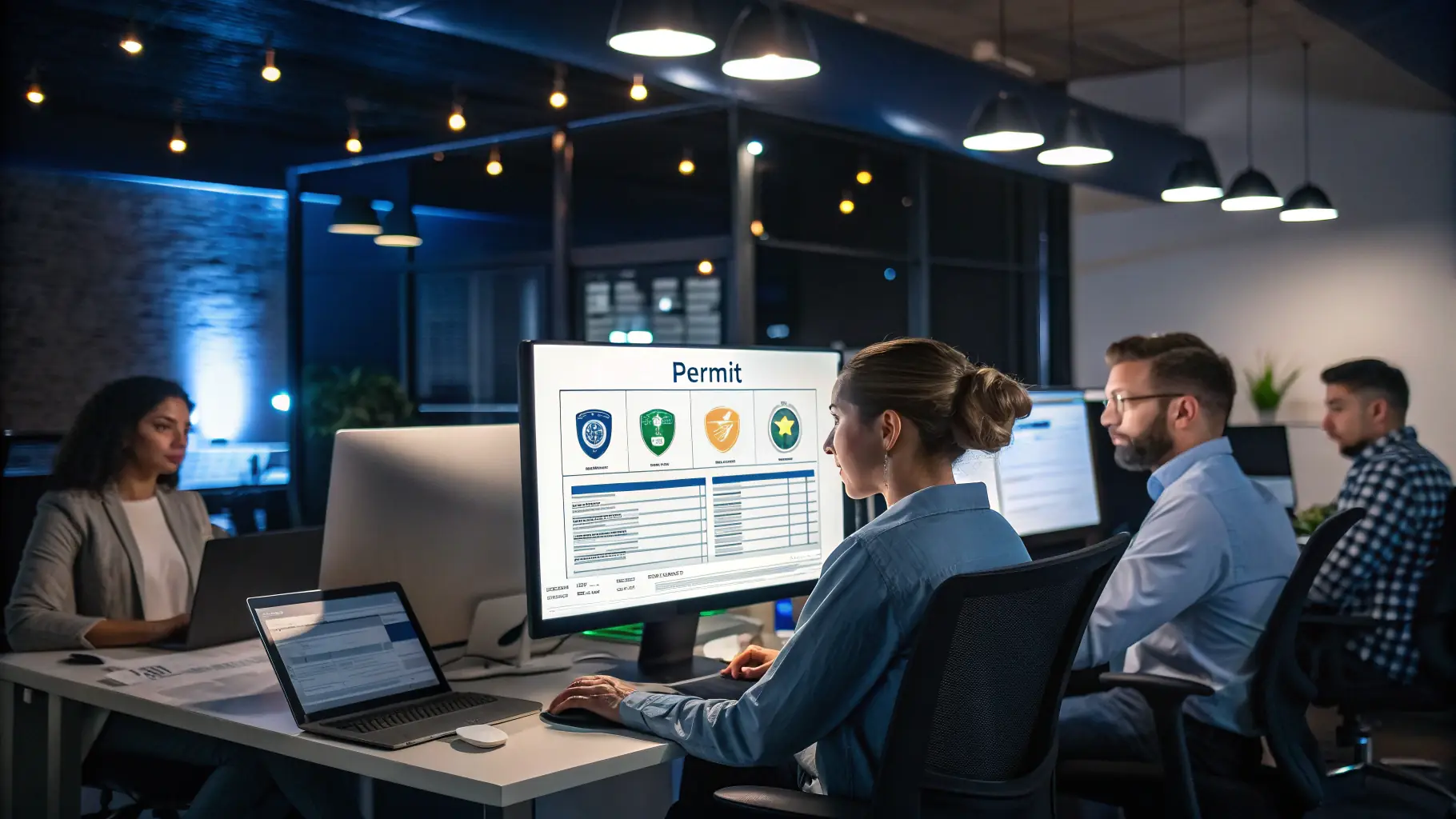 A professional office setting with people working on computers, representing SEO and PPC marketing strategies.