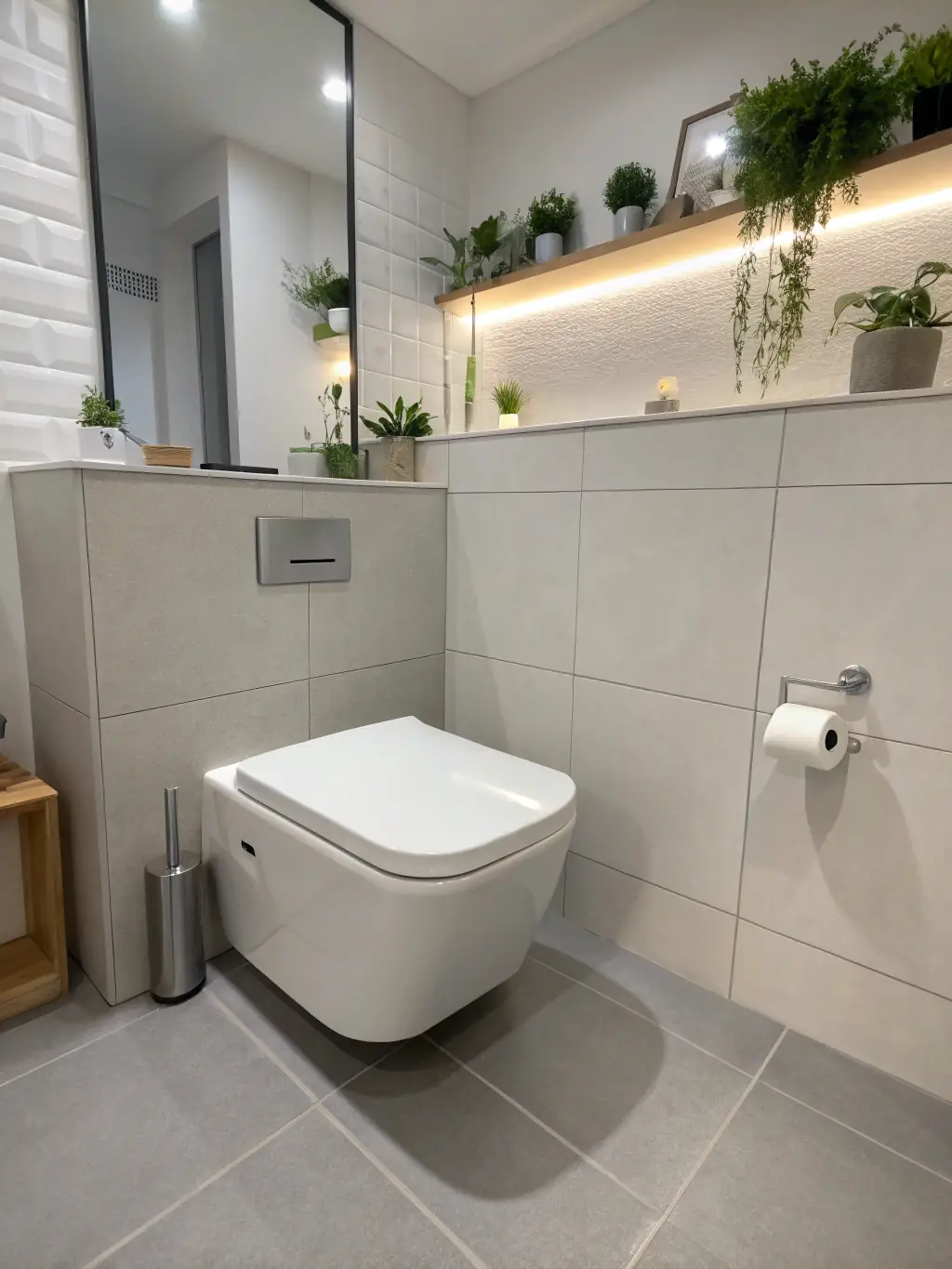 A modern water closet featuring large-format, light gray ceramic tiles on the walls and floor, creating a seamless and minimalist design installed by Rudrakshaime.
