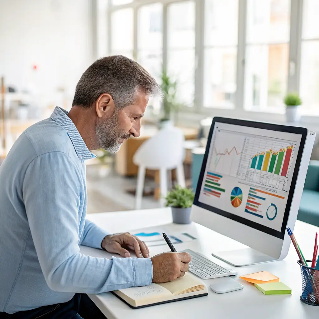 A focused digital marketing expert analyzing PPC campaign data on a computer, with charts and graphs illustrating successful conversion rates for OmegaQube's digital products.