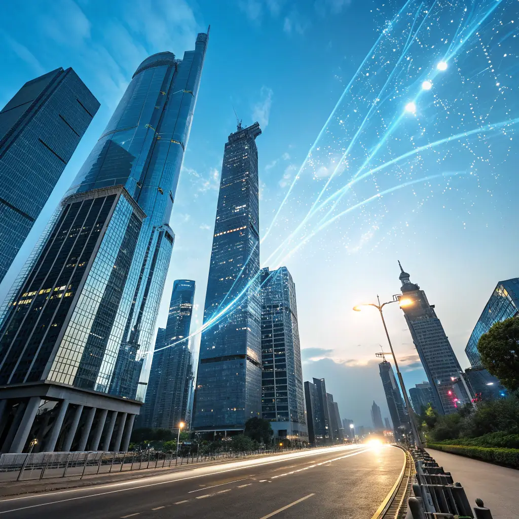 A futuristic cityscape with interconnected web nodes and AI robots overseeing data streams, symbolizing enterprise-level web development and AI integration.
