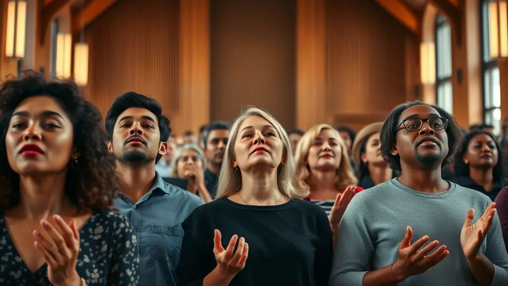 Diverse group of people worshipping together in a modern church setting.