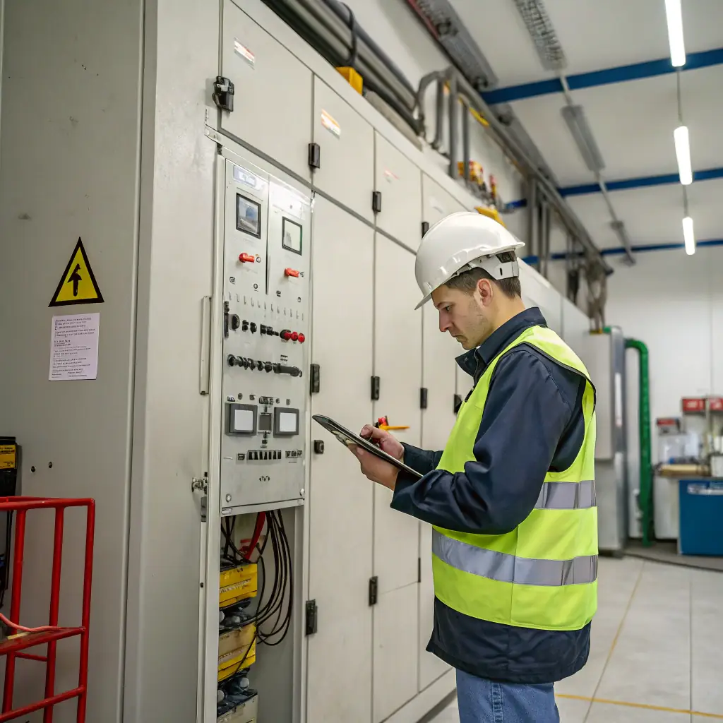 A professional engineer inspecting a commercial building's energy systems, with a focus on detail and accuracy, reflecting EPC-Hub's commitment to service and precision.