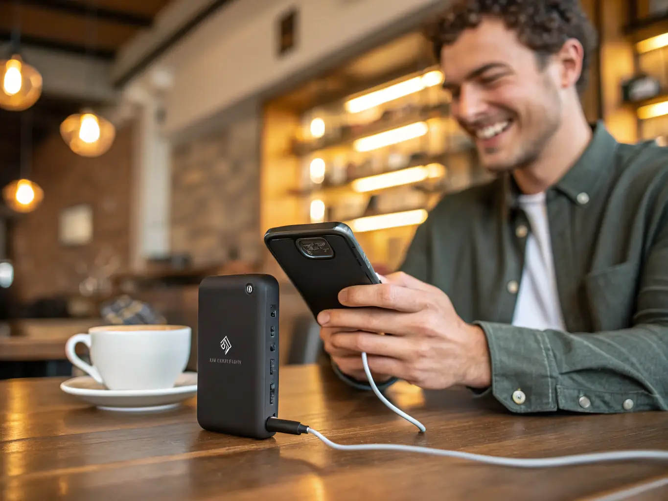 A person charging their phone with a shared power bank in a cafe, smiling and relaxed.
