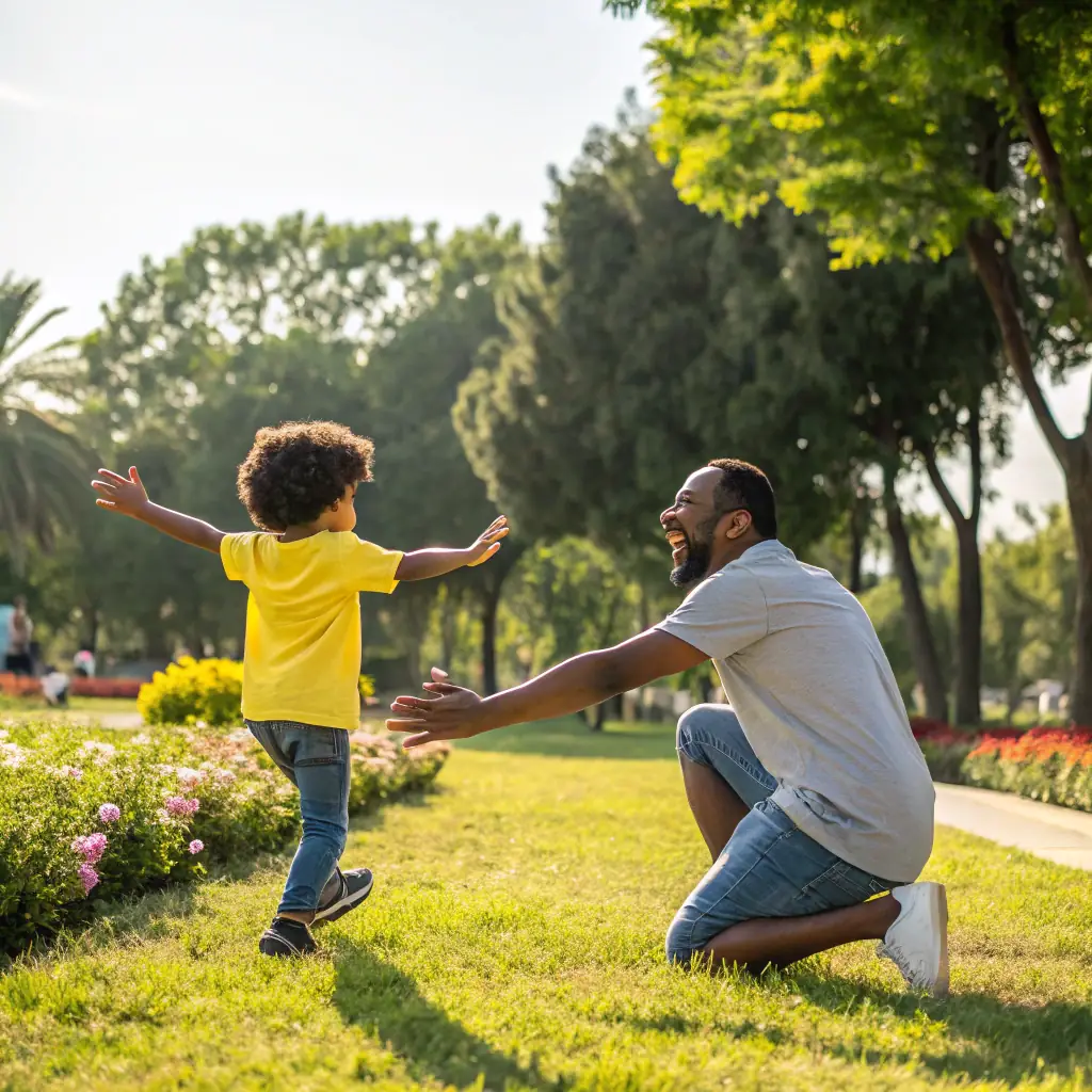 A parent smiling and hugging their child in a sunny park.