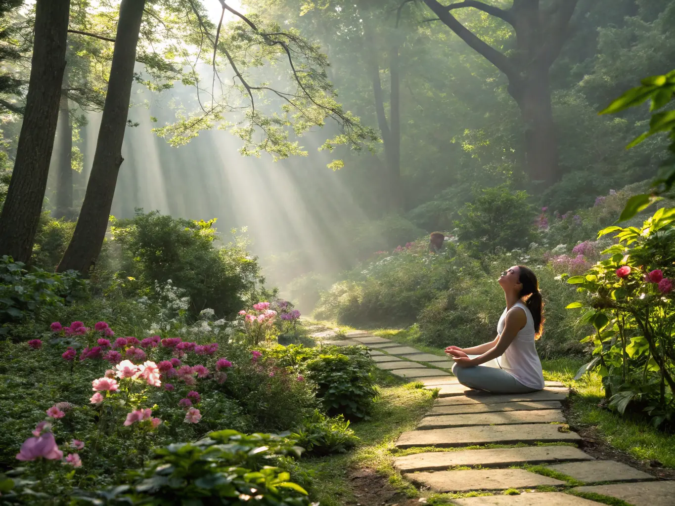 A serene image of a woman meditating in a peaceful garden, bathed in soft sunlight, symbolizing inner peace and connection to nature.