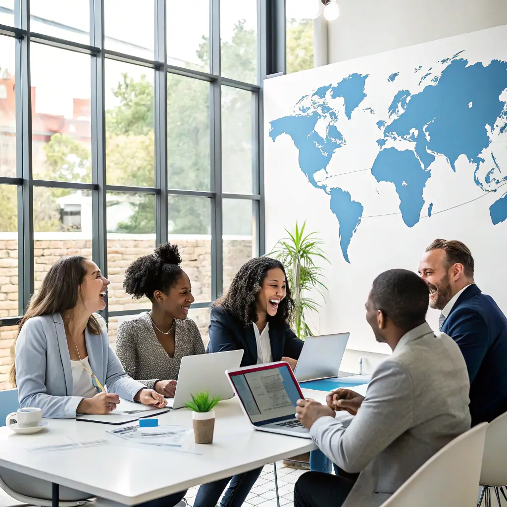 A professional team in a modern office setting, collaborating on a business strategy, with English textbooks and language learning materials subtly placed in the background.